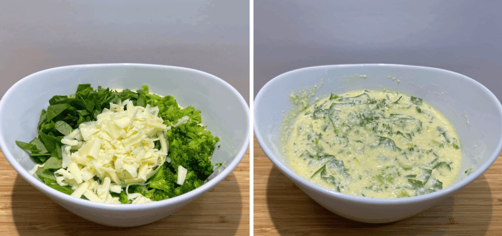 Mixture poured into a bowl with spinach, broccoli, cheese, salt, and pepper