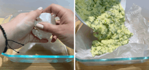 preparing dish and adding mixture into a parchment-lined baking dish