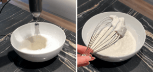 Whipping cold heavy cream in a bowl until stiff peaks form for no-churn ice cream