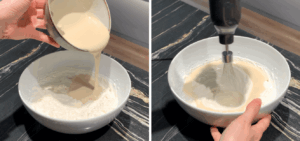 adding cream cheese and condensed milk mixture to whipped cream to make an easy ice cream base