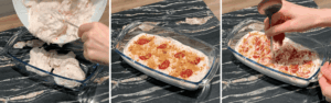 Pouring ice cream mixture into a loaf pan and topping with more jam and cookie crumbles