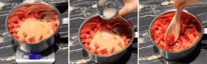 combining strawberries, sugar, and lemon juice in a pot to make strawberry jam
