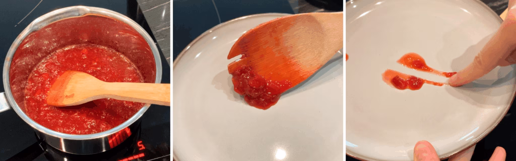 checking if the strawberry jam is ready by doing the plate method