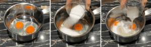 adding eggs, sugar, and lemon juice to a pan to make lemon curd