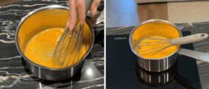 whisking eggs, sugar and lemon juice then placing the pot on a stove to make homemade lemon curd