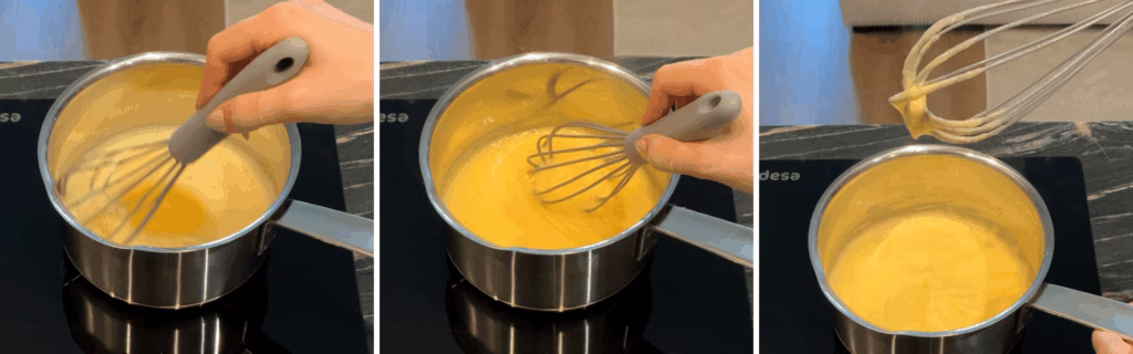 cooking homemade lemon curd on the stove while constantly whisking