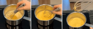 cooking homemade lemon curd on the stove while constantly whisking