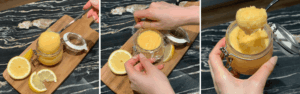 transfering lemon curd recipe to a clean jar and covering to refrigerate