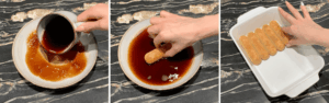 Ladyfingers being dipped quickly into cooled coffee and placed in a baking dish