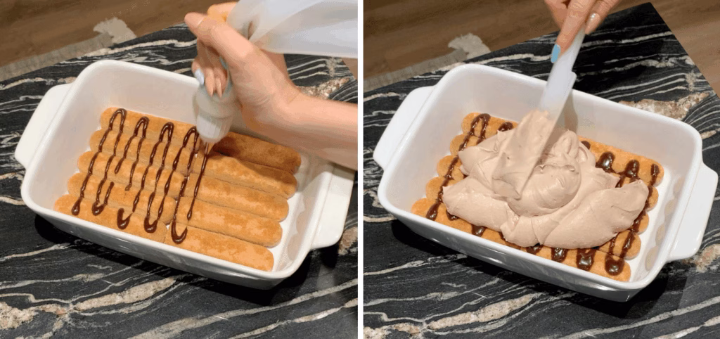 drizzling nutella sauce over ladyfingers then adding half nutella tiramisu mixture