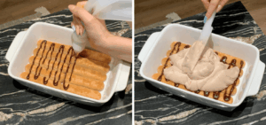 drizzling nutella sauce over ladyfingers then adding half nutella tiramisu mixture