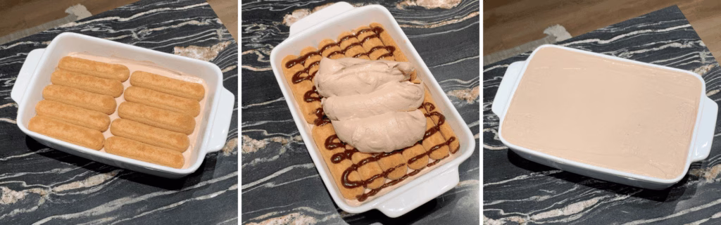 adding a second layer os ladyfingers then adding more nutella sauce and tiramisu