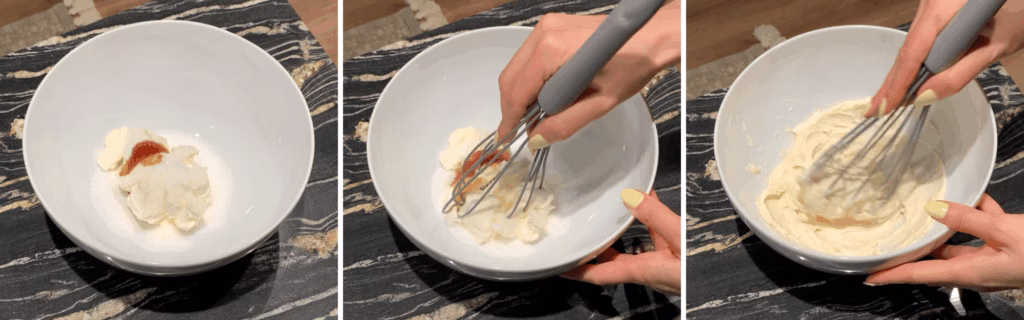 Mixing mascarpone, sugar, and vanilla in a bowl