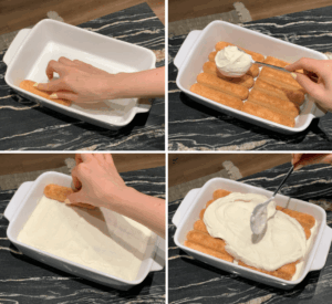 Layering soaked ladyfingers and cream in a dish