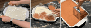 covering tiramisu then dusting with cocoa powder to serve