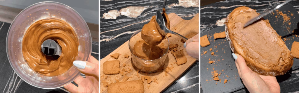 showing creamy texture of this easy biscoff recipe and transfering to jar then spreading on a piece of bread