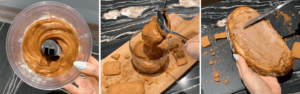 showing creamy texture of this easy biscoff recipe and transfering to jar then spreading on a piece of bread