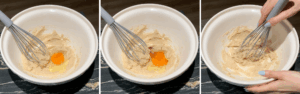 Adding egg, vanilla extract, and salt to the cookie dough mixture