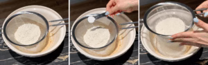 Sifting flour and baking powder into the bowl of wet ingredients