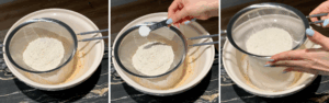 Sifting flour and baking powder into the bowl of wet ingredients