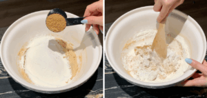 adding crushed cookies to the cookie dough base and mixing with a wooden spoon