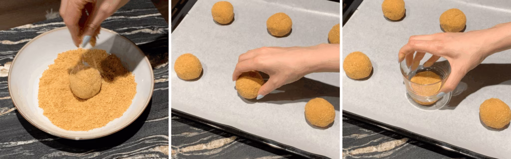 Rolling each cookie dough ball in crushed digestive cookies before baking, adding to a tray and pressing down