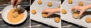 Rolling each cookie dough ball in crushed digestive cookies before baking, adding to a tray and pressing down