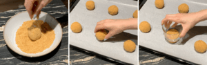 Rolling each cookie dough ball in crushed digestive cookies before baking, adding to a tray and pressing down
