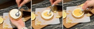 decorating the chilled cookie with cream cheese frosting and lemon curd