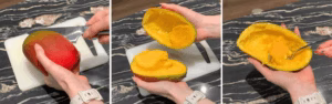 A ripe mango cut in half with the flesh scooped out