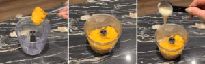 Mango pieces and condensed milk added into a blender