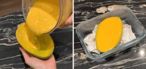 Mango mixture poured into a mango shell, ready to freeze