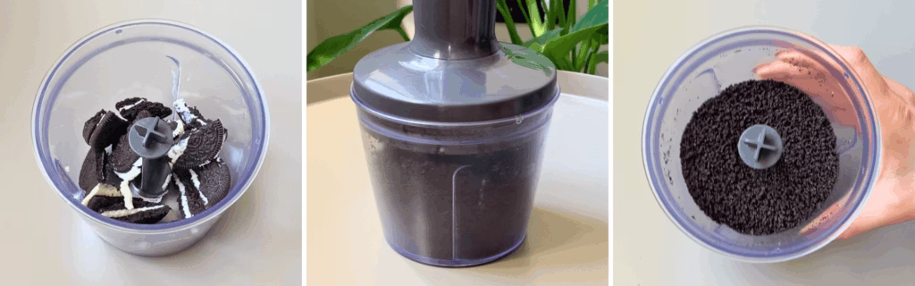 Oreos crushed into fine crumbs in a blender