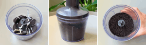 Oreos crushed into fine crumbs in a blender