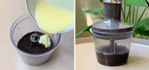 Melted chocolate mixture added to Oreo crumbs