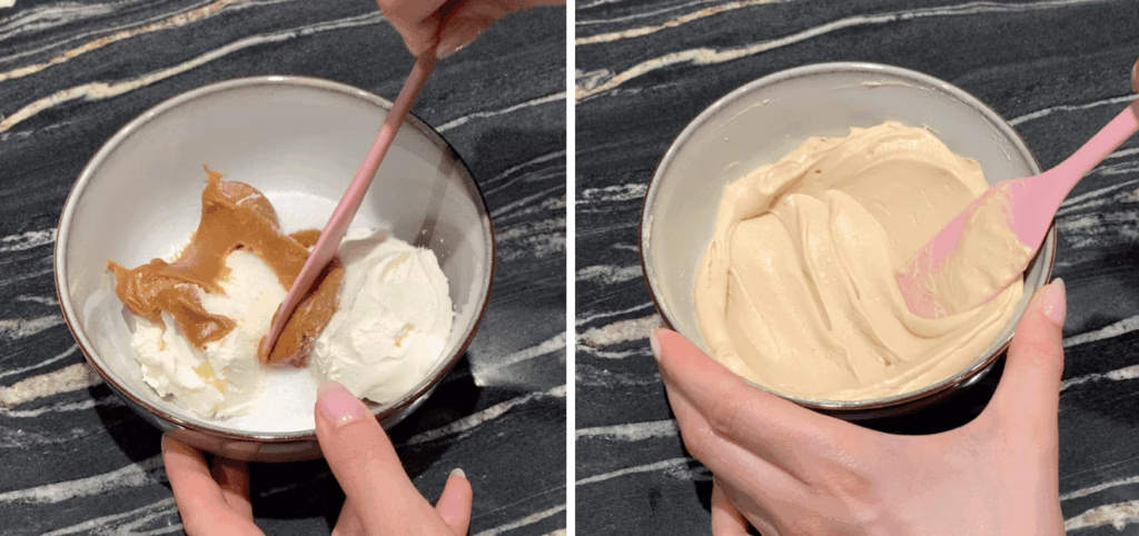 Cream cheese, sugar, vanilla, and Biscoff spread mixed until smooth.