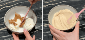 Cream cheese, sugar, vanilla, and Biscoff spread mixed until smooth.