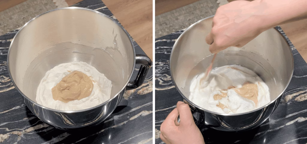 Whipped cream folded gently into cheesecake mixture.