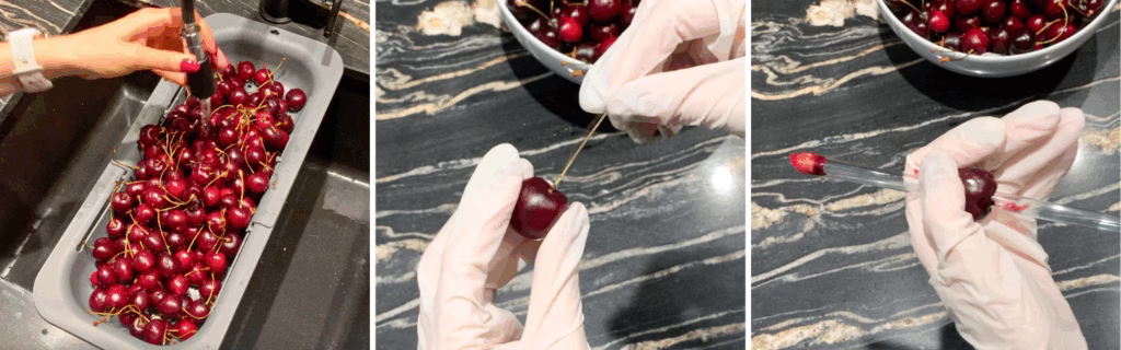 washing and pitting cherries to make cherry jam