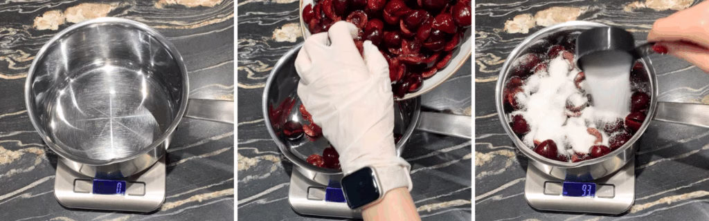 weighing pitted cherries and adding sugar to make cherry jam