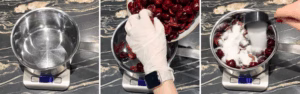 weighing pitted cherries and adding sugar to make cherry jam
