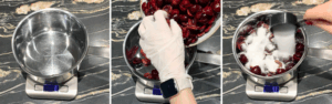 weighing pitted cherries and adding sugar to make cherry jam