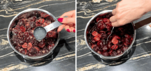 adding lemon juice to cherries and sugar in a pot for cherry jam
