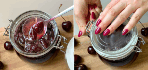 pouring cherry jam in jar and sealing while hot to preserve
