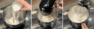 Mixing cream cheese, sugar, vanilla, and whipping cream for the cheesecake filling