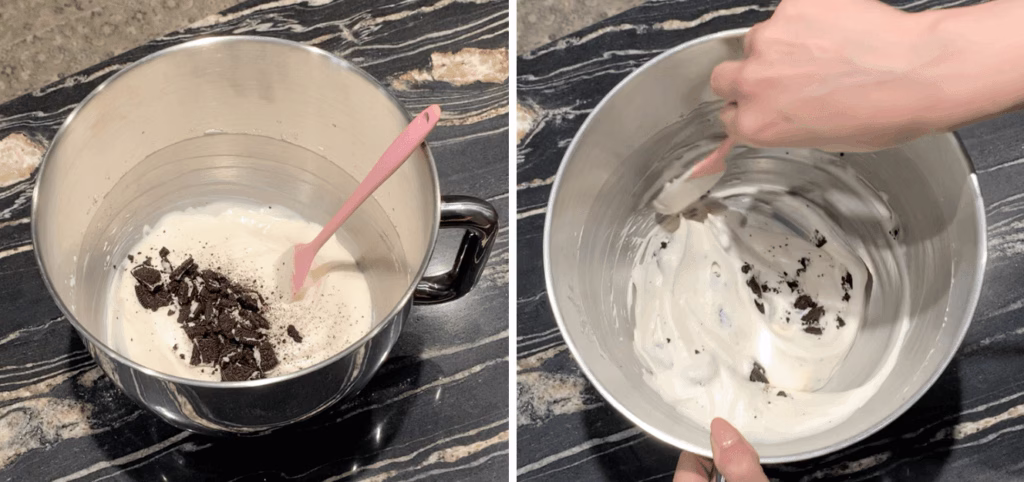Folding crushed Oreos into the creamy cheesecake mixture