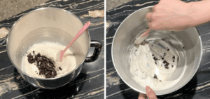Folding crushed Oreos into the creamy cheesecake mixture
