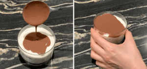 pouring melted ganache on top on oreo cheesecake cups