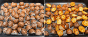 Boiled potatoes cut into bite-sized pieces then roasted in the oven