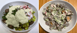 adding potato salad sauce to all the ingredients and mixing everything together
